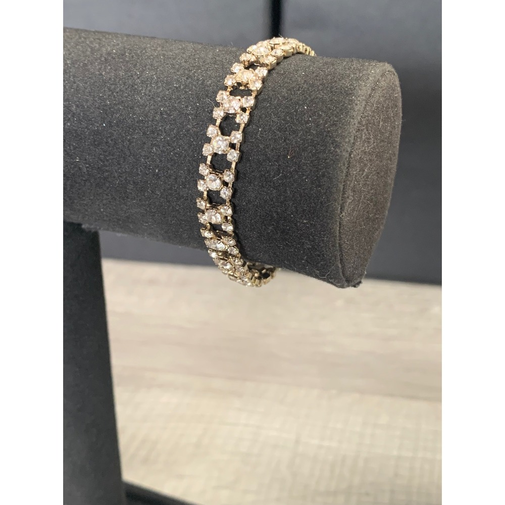 Vintage Gold Tone Double Row Rhinestone Tennis Bracelet 6.5 Inch 4858